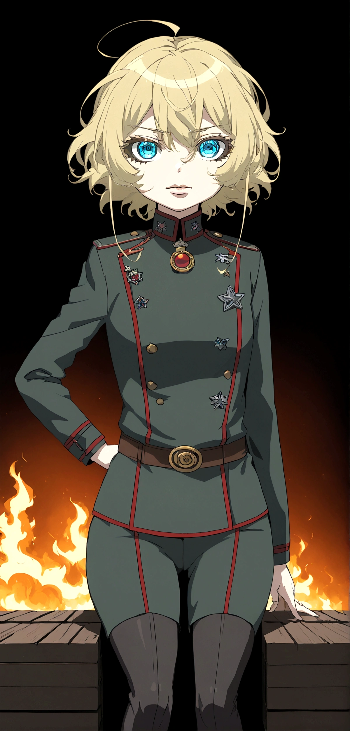 A beautiful anime girl wearing a  military uniform, sit on wood box drink coffee behind warehouse burning in the night, 90 photo color tones, detailed face and eyes, masterpiece, highly detailed, photorealistic, cinematic lighting, dramatic shadows, vibrant colors, intricate details, elegant pose, stoic expression