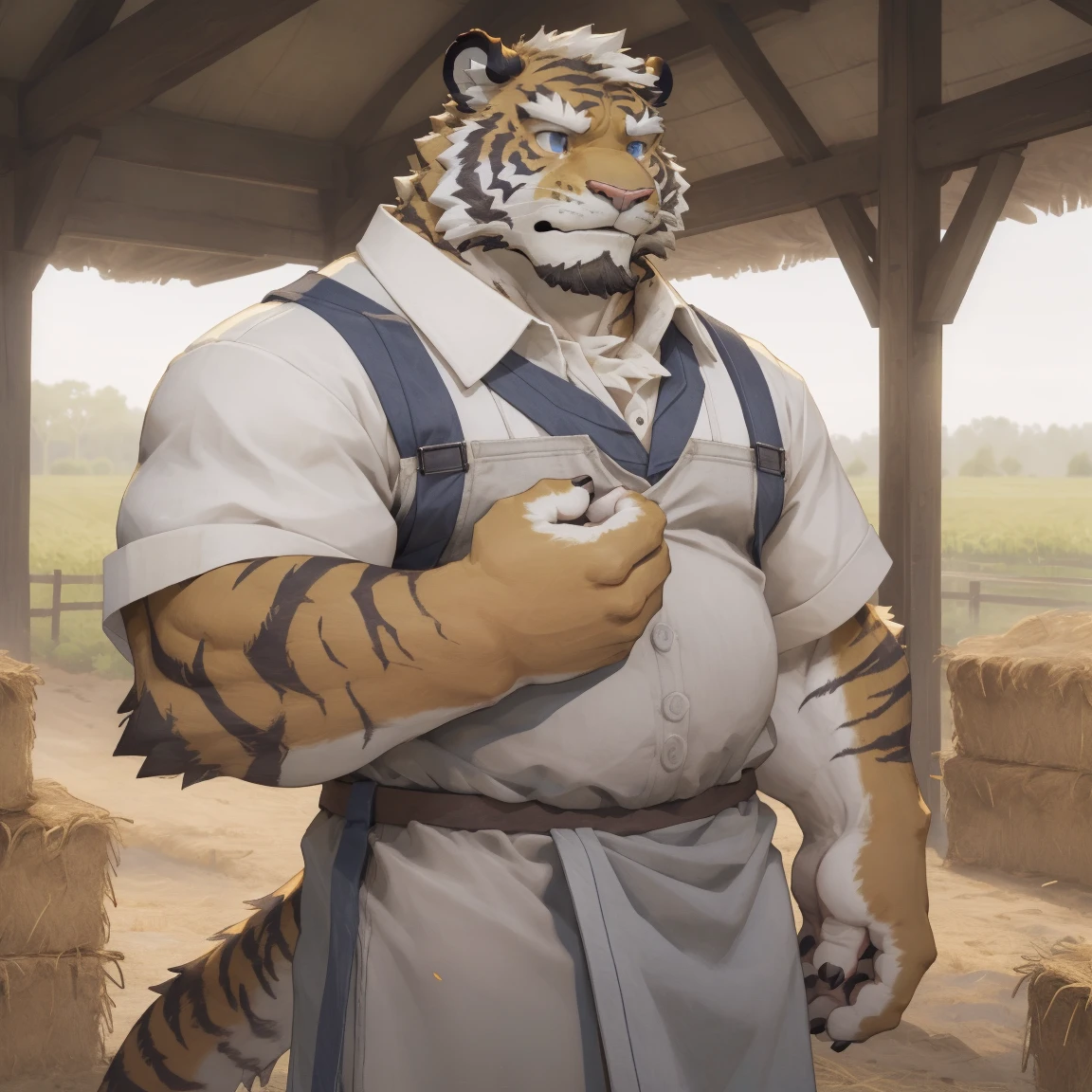masterpiece, best quality, 8k resolution, Very detailed, hairy,tiger,((White short hair)),Strong body,((Middle-aged uncle)),(((Blue eyes))),For the audience,portrait,(Highest quality scene),(((Gray cloth))),((Solitary)),Black trousers,whole body,((Touching his chin and thinking)),(Mature),(((rural))),((yellow fur)),Standing,((farmer))