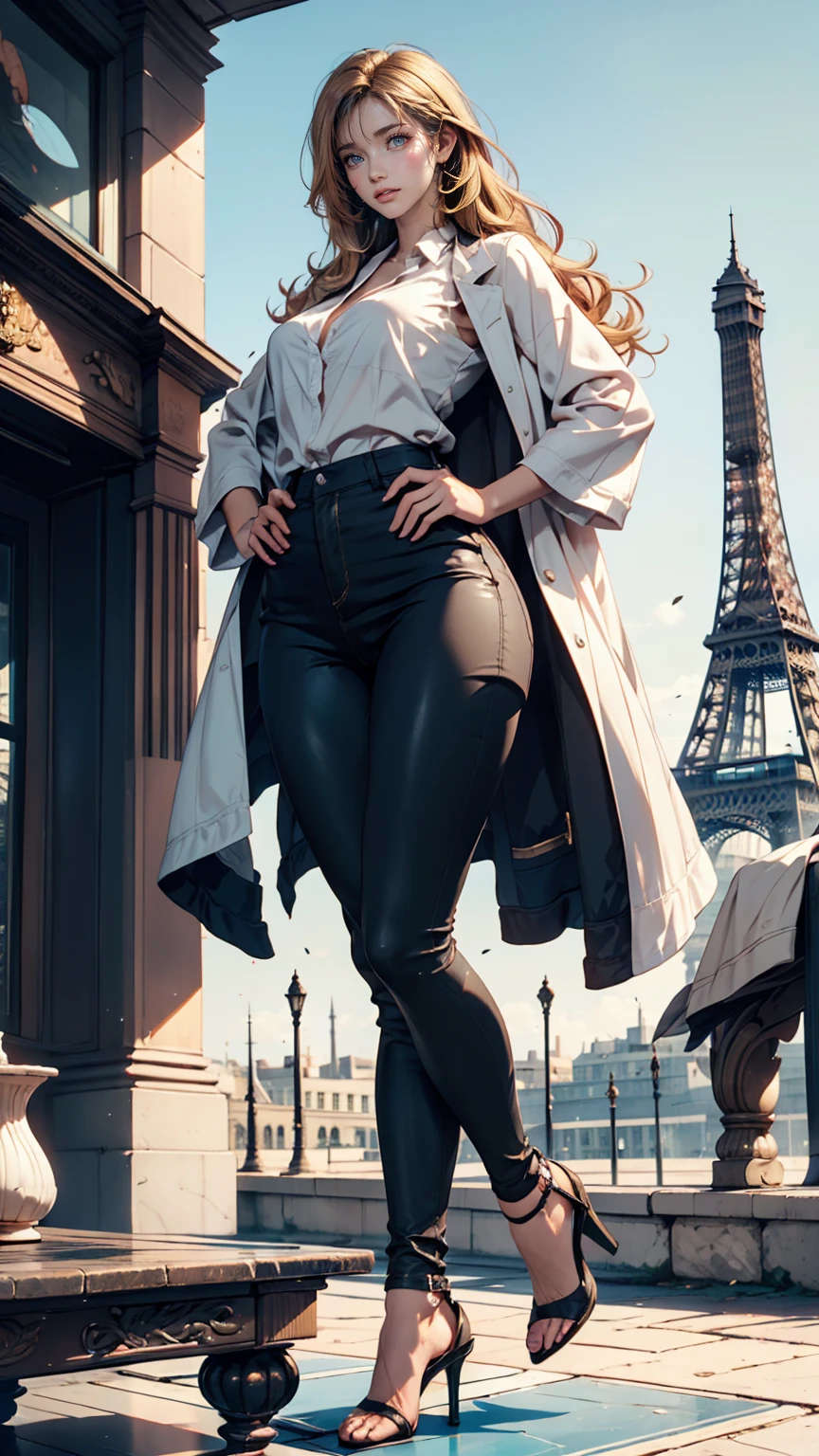 1 Caucasian woman,(Blonde medium length)(Beautiful Hair), actress, smile, Shiny skin, highest quality, masterpiece, (Realistic:1.4), Terrace seats, Europe, France, Paris, leggings (Realistic Fabric), Off-the-shoulder white short sleeves (Cotton), (No logo), Thin fingers、Sexy proportions