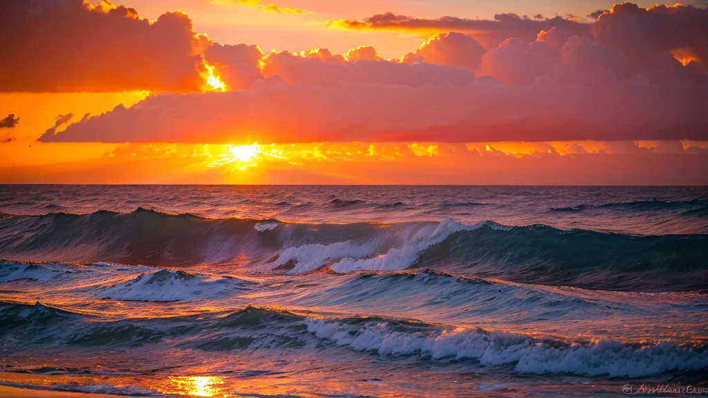 arafed view of a sunset over the ocean with waves crashing, chaotic sea setting, vibrant sunrise, breathtaking colors, breathtaking look, vibrant sunset, breathtaking composition, beautiful sea landscapes, stunning sunset, magnificent background, sunset glow, beautiful background, beautiful dreamy breathtaking, marc adamus, warm beautiful scene, epic sunset, beautiful sunset, beautiful sunset glow, beautiful ocean