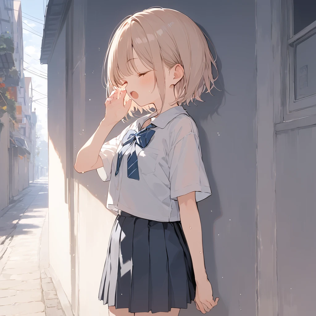 score_9, score_8_up, score_7_up, source_anime, best quality, masterpiece,official art, absurdres, highres, waifu2x, break,1girl, girl, short hair, small breasts, beautiful detailed eyes,pleated skirt,sweat, open mouth, (yawn:0.3), sleepily, outdoors, break,(clear line illustration:1.2),very high resolution, very aesthetic, super detailed skin, Best sexual lighting powered by famous artist, 8k,cute picture,beauty illustration,photoshop_(medium),,(Detailed Lighting)