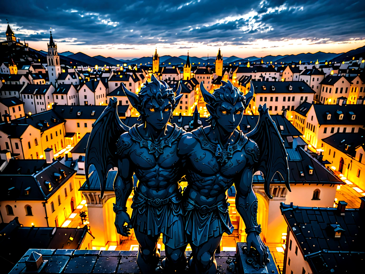 a view of fantasy medieval city, taken from the top of church of , at night, the shot taken while ((standing behind the statue of a gargoyle on the roof: 1.5)), 16K, ultra detailed, masterpiece, best quality, (extremely detailed), arafed, dnd art, god rays, cinematic lighting, glowing light, silhouette, from outside, photorealism, panoramic view (Masterpiece, intense details: 1.5) , Wide-Angle, Ultra-Wide Angle, aetherpunkai