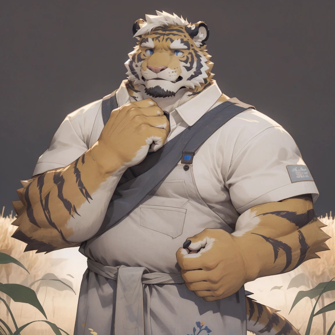 masterpiece, best quality, 8k resolution, Very detailed, hairy,tiger,((White short hair)),Strong body,((Middle-aged uncle)),(((Blue eyes))),For the audience,portrait,(Highest quality scene),(((Gray cloth))),((Solitary)),Black trousers,whole body,((Touching his chin and thinking)),(Mature),(((Rural background))),((yellow fur)),Standing,((farmer)),(((rural area)))