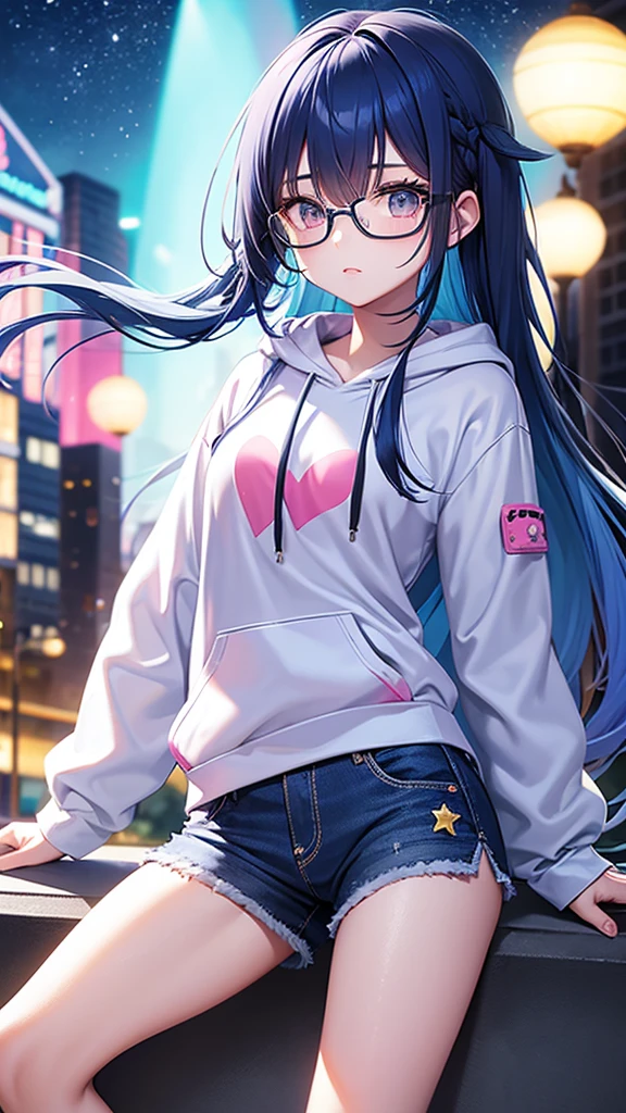 Angelic French doll, Stocky, Brightly colored hoodies, In shorts, Blue Hair ,Disheveled long hair, (anime: 1.2), Wearing glasses, Asymmetrical bangs, masterpiece, Tengu, (Fortuneteller: 0.8), (sleepy: 0.8), Intimate, フレンドリー, 風を受けている, 濡れた髪, anime, ざぁこ♡, 寒い, ハッピー