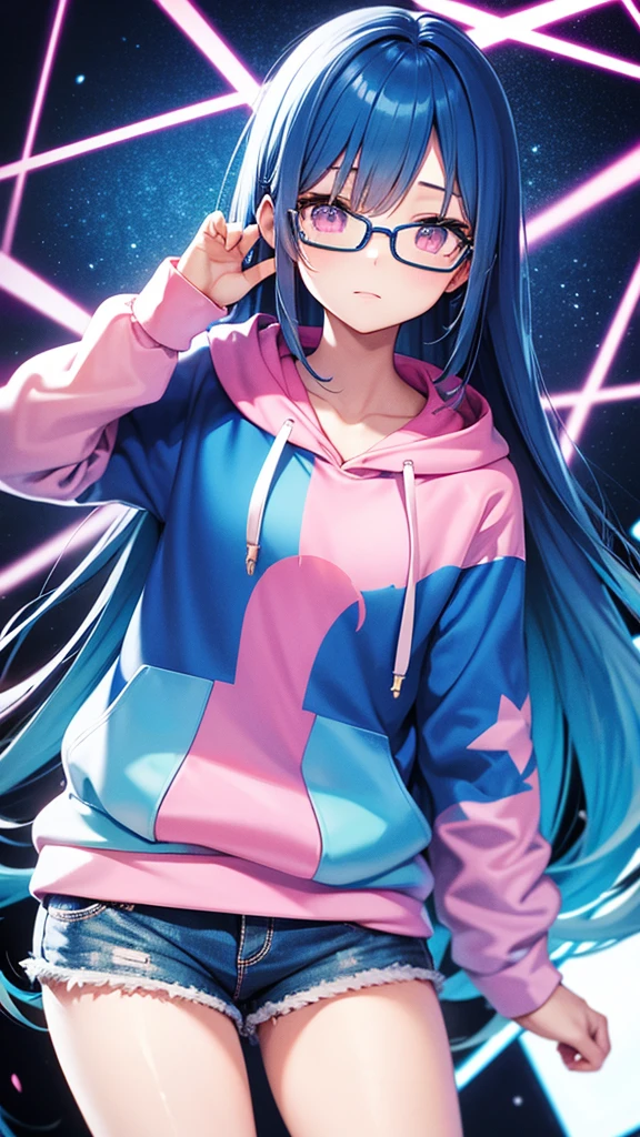 Blue Hair　Straight Hair　Long Hair　Pink Eyes　Glasses　Starry Sky　One girl　hoodie　Shorts