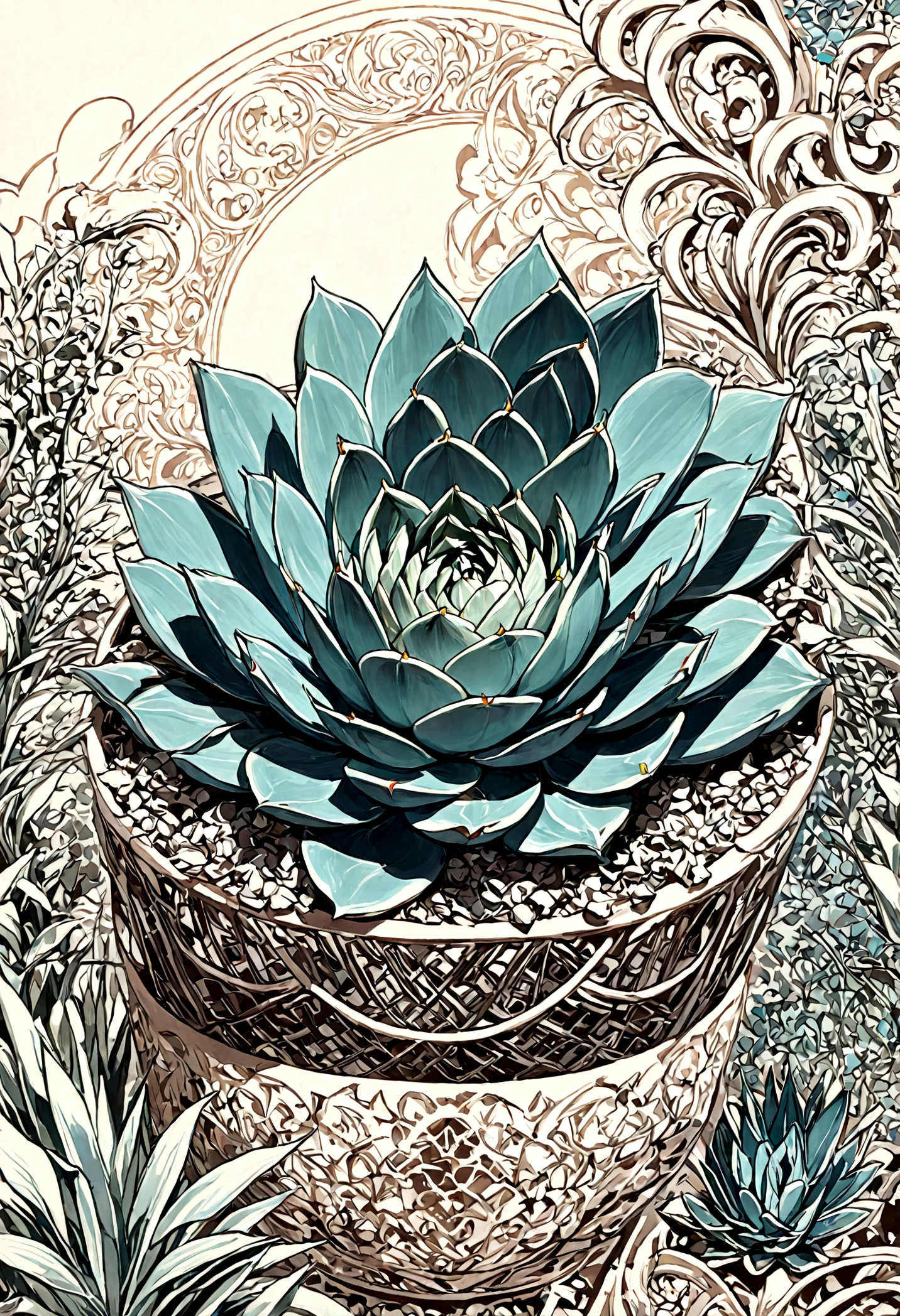 Line art、Echeveria、Christian Style Background
