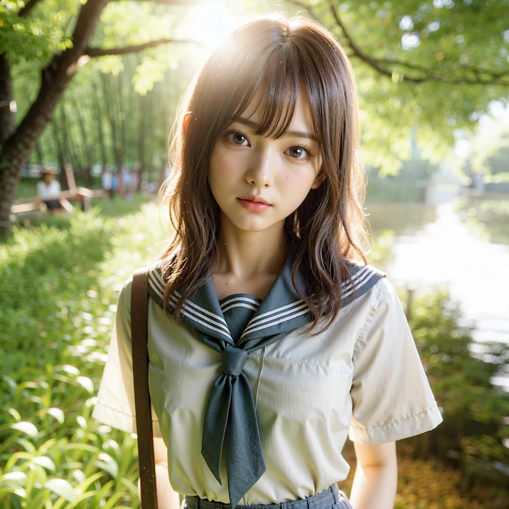 (masterpiece, best quality:1.2), (8k, uhd, ultra high res), professional lighting, (super intricate all details), (super realistic all textures), realistic photo, ultra sharp photo result, superrealism, Lakeside park with sunlight shining through the trees, (school uniform, shirt, skirt), japanese female, 17 years old, , skinny body, flat chest, extremely beautiful face, super detailed face, super real skin, super detailed eyes