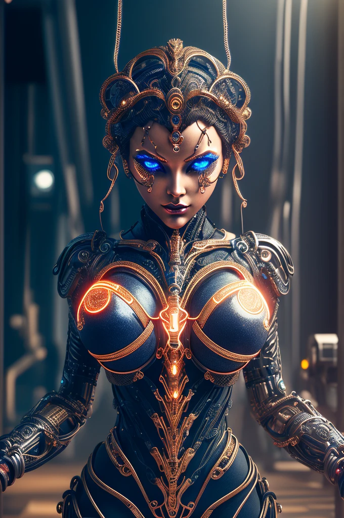 This is an artistic digital illustration portraying the bust of a female figure with cybernetic enhancements and an elaborate mechanical headdress. The figure's facial expression is passive yet intense, with striking red eyes and blue makeup accentuating her features against the contrasting cool metallic tones of the machinery. Rich in detail, the artwork blends organic and mechanical aesthetics, combining smooth human skin with intricate gears, wires, and dripping.