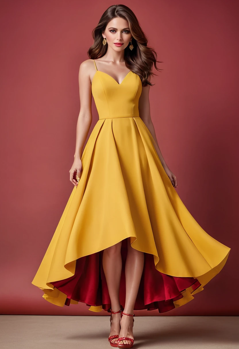 image of a full-length woman, detailed medium brown hair, sparkling yellow eyes with long eyelashes, short red dress with voluminous full skirt, detailed high-heeled sandals. full body image. shoe foot