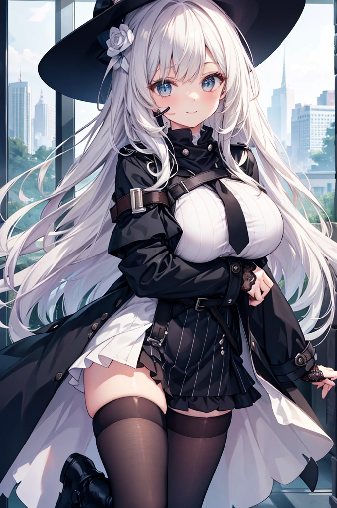 ,ankle_boots,layered,lace,tight,white_bodystocking,horizontal_stripes,long_sleeves,elbow_gloves,headset,cross,trench_coat,female,smile,huge filesize,