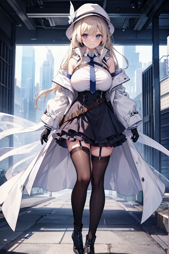 ,ankle_boots,layered,lace,tight,white_bodystocking,horizontal_stripes,long_sleeves,elbow_gloves,headset,cross,trench_coat,female,smile,huge filesize,
