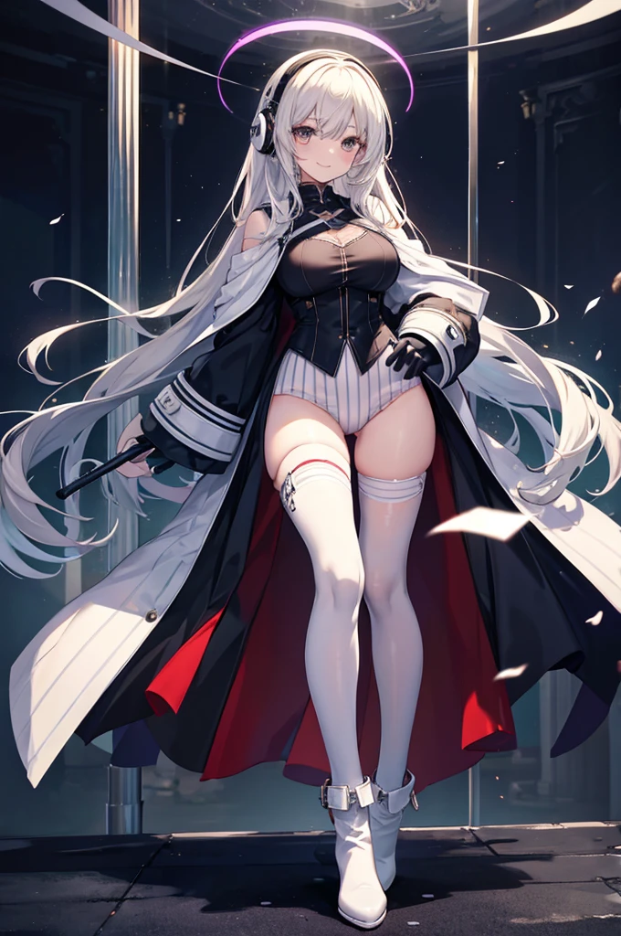 high image, super detail, high resolution, anime, manga, illustration, black knee high socks, thighs, tight knit skirt, oversized outerwear, speed line, beautiful woman, adult face, make up, ecstatic expression, amorous expression, seductive look, flowing layered messy white medium hair, sparkling sharp big gold eyes, medium breasts, under boob, side boob, great proportion, perfect proportion, slender, full body