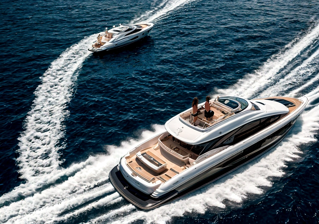 Realistic photography of a woman standing on front of a luxury speed boat, in the ocean.