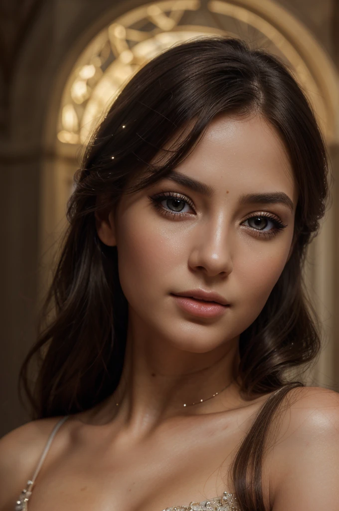 a young beautiful girl, detailed realistic portrait, intricate detailed face, beautiful eyes, long eyelashes, detailed nose and lips, flawless skin, expressive look, elegant hairstyle, delicate facial features, mystical atmosphere, fantasy aesthetic, ethereal glowing light, cinematic lighting, dramatic contrast, vivid colors, vibrant palette, (best quality,4k,8k,highres,masterpiece:1.2),ultra-detailed,(realistic,photorealistic,photo-realistic:1.37)