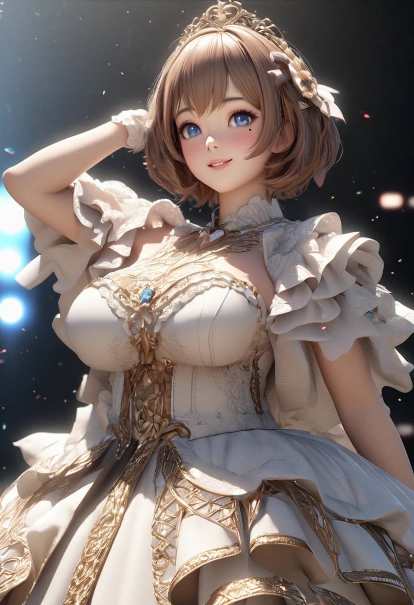 One Girl、Looking at the audience、
Beautiful Blue Eyes、Brown short hair、Mole under the eye、Plump and glossy lips、Heart-shaped choca、Idol、smile、ー、。.。.。.。.。.。.。.。.。.。.。.。.。.。.。.。.。.。.3D、Realistic、
Princess dress with too many frills、Drape clothes、gem、The decoration has been removed、Floral、Lace trim、bright stage、
masterpiece、highest quality、8k、Detailed skin texture、Detailed cloth texture、Beautifully detailed face、Intricate details、Very detailed、
超A high resolution、8K Ultra HD、Film Grain、Best Shadow、delicate、Staring at the audience、front