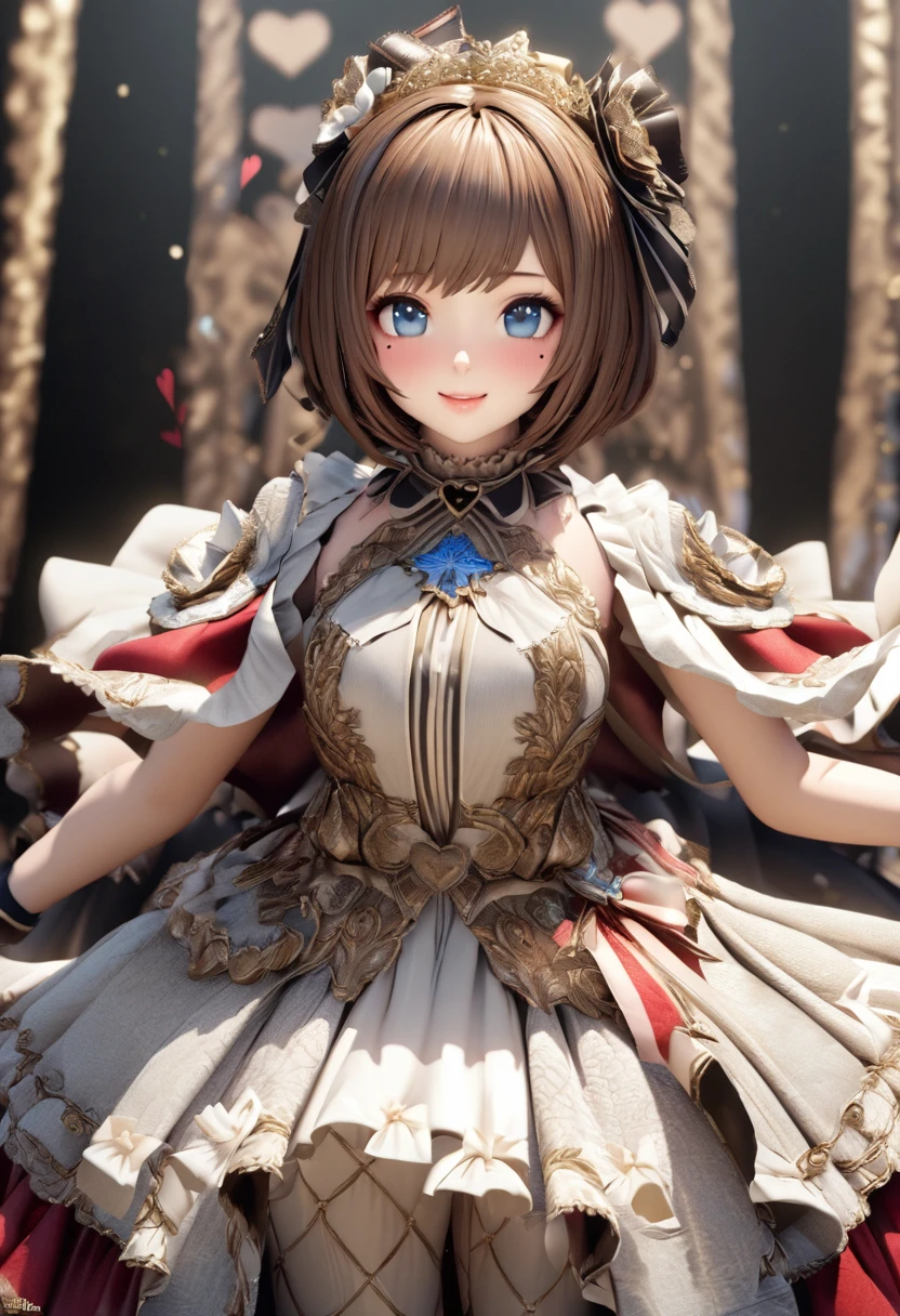 One Girl、Looking at the audience、
Beautiful Blue Eyes、Brown short hair、Mole under the eye、Plump and glossy lips、Heart-shaped choca、Idol、smile、ー、。.。.。.。.。.。.。.。.。.。.。.。.。.。.。.。.。.。.3D、Realistic、
Princess dress with too many frills、Drape clothes、gem、The decoration has been removed、Floral、Lace trim、bright stage、
masterpiece、highest quality、8k、Detailed skin texture、Detailed cloth texture、Beautifully detailed face、Intricate details、Very detailed、
超A high resolution、8K Ultra HD、Film Grain、Best Shadow、delicate、Staring at the audience、front