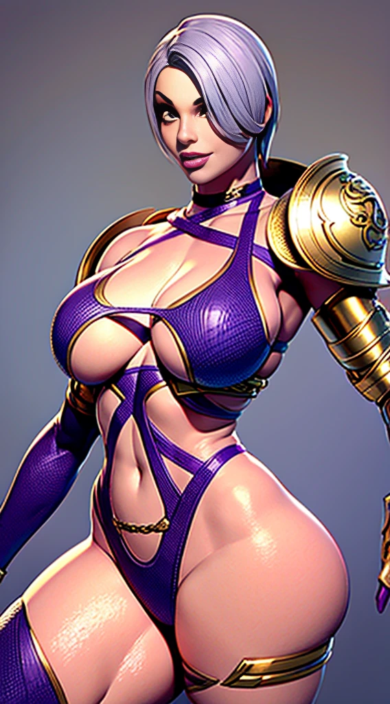 A woman in a purple bikini and a gold helmet posing lindo, gray hair, (obra-prima: 1.2), (melhor qualidade: 1.2), , perfect lighting, neste, corpo suado, seios grandes, mulher, 8k, perfect hands,((obra-prima)), (melhor qualidade) textura, ivy, throne room in the background, 8K image quality, Masterpiece