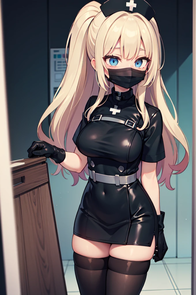 black nurse, 1woman, solo, black nurse cap, black nurse uniform, ((black legwear, zettai ryouiki)), black elbow gloves, blonde hair, blue eyes, ((black surgical mask, covered nose)), standing, ((surgery room)), sharp outline, short sleeves, mature female, 35 years old, best quality, masterpiece