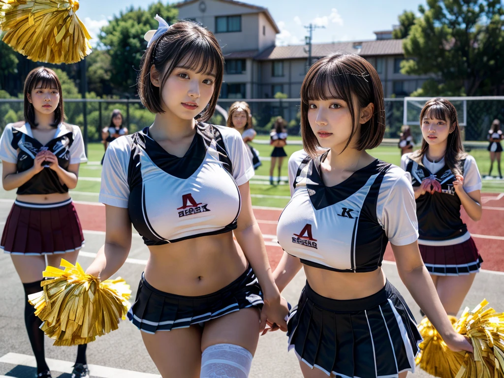 (RAW photo, 4k, masterpiece, high resolution, extremely complex) (realistic: 1.4), cinematic lighting
((2 girls, 2 schoolgirls)),blushing,((innocent)),bright eyes,round eyes,blunt bangs,(short bob hair:1.3),black hair,large breasts,wide hips,Summer Noon, ,Hot, (Best Quality), (Highres), (an Extremely Delicate and Beautiful),(Beautiful 8k face),(Brown eyes),( spectators),(gigantic breasts),(Play with each other,Touching each other's bodies,Touching the body),(cheer girl:1.5),(a miniskirt),(reality),bright lighting,(The background is a luxury hotel room)