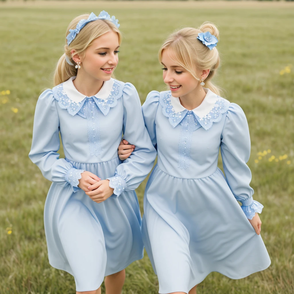 BLOND Girly and pretty TEEN boy in BLUE LONGSLEEVED Bridesmaid Dress with lacy collar and cuffs. On his legs, he wears white kneesoks and strappy 1“ heels. His long dark blond hair tied in long HIGH PONYTAILS by WHITE ribbons tied in pretty pair of WHITE hair bows. He has a pretty face and blue eyes. He has A SIZE CHEST. His ears pierced by pretty earrings. He walks through summer meadow. He looks happy in his girly BLUE LONGSLEEVED Flower girl Dress and HIGH PONYTAILS tied by pretty WHITE hair bows. ((Best quality)), ((masterpiece)), (detailed), 