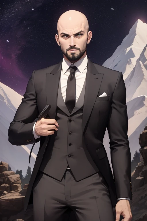 arafed image of a pronto uno in a suit and tie standing in front of the valley, Asesino a sueldo, cabeza calva y mirada amenazadora, pronto uno, traje oscuro, traje diferente, man in traje negro, traje negro, video game avatar, kane del comando & conquer, Morfeo, smug look, bald male swordsman, portrait of adam jensen