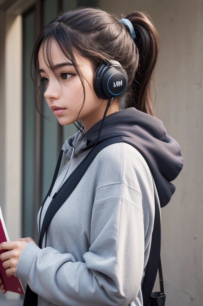 Um desenho de linhas simples e limpas, representando uma pessoa vista de perfil. The person is wearing a hooded coat, has a ponytail and is wearing big headphones. She holds a book or notebook against her chest with one hand.