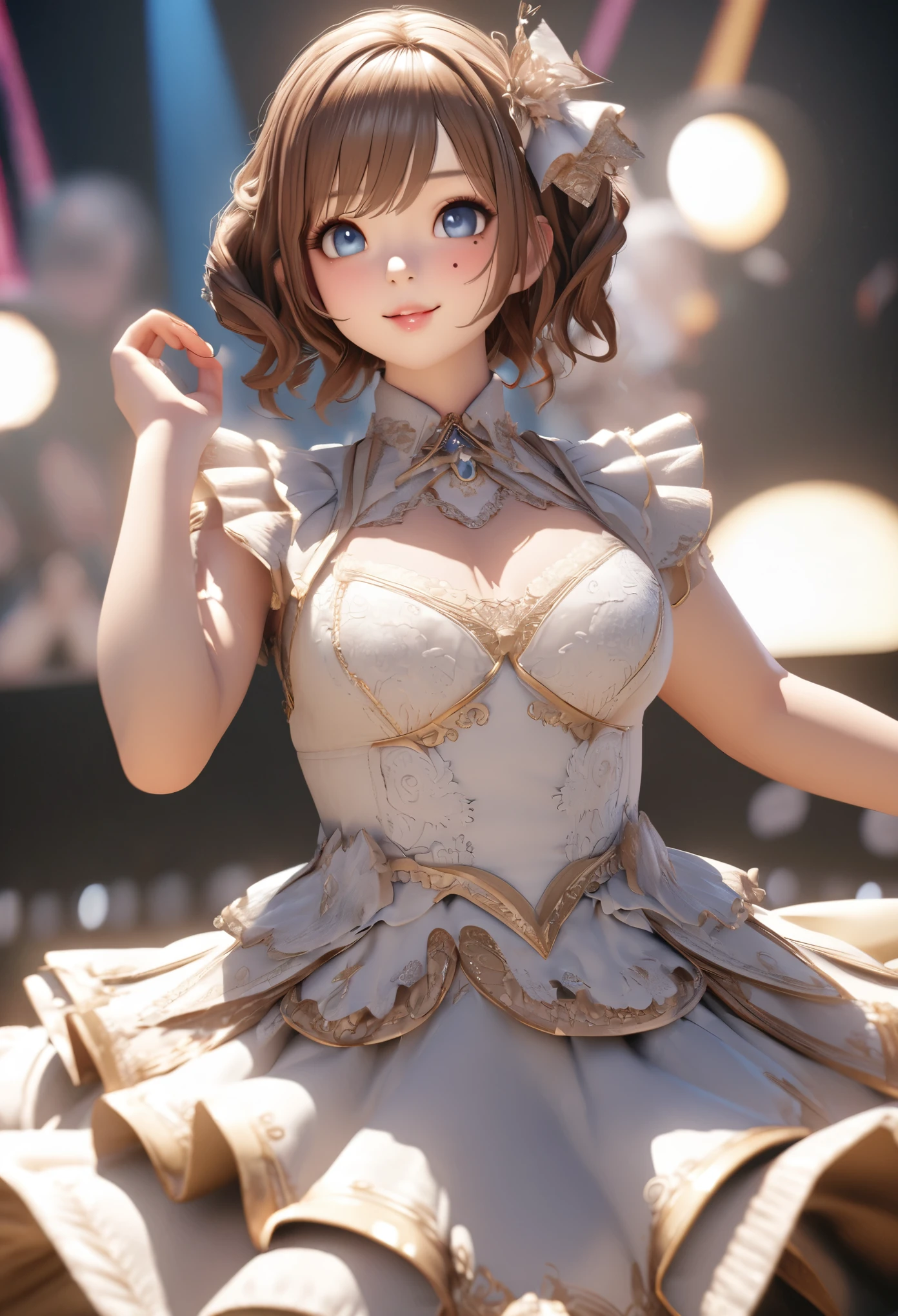 One Girl、Looking at the audience、
Beautiful Blue Eyes、Brown short hair、Mole under the eye、Plump and glossy lips、Heart-shaped choca、Idol、smile、ー、。.。.。.。.。.。.。.。.。.。.。.。.。.。.。.。.。.。.3D、Realistic、
Princess dress with too many frills、Drape clothes、gem、The decoration has been removed、Floral、Lace trim、bright stage、
masterpiece、highest quality、8k、Detailed skin texture、Detailed cloth texture、Beautifully detailed face、Intricate details、Very detailed、
超A high resolution、8K Ultra HD、Film Grain、Best Shadow、delicate、Staring at the audience、front