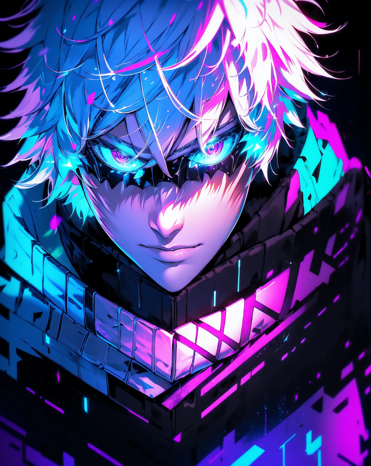 realistic,shiny,reflective,bioluminic, galactic cybernetic mask,mecha,(assassin:1.2),((((scarf,long cloak)))),sh4g0d,GlowingRunes_red,fullbody,cinemnatic,dark background,backlight,high contrast