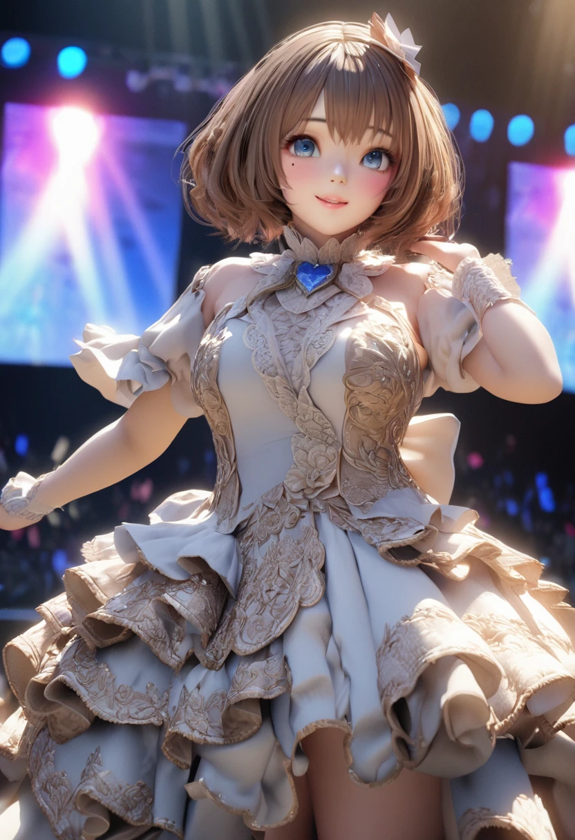One Girl、Looking at the audience、
Beautiful Blue Eyes、Brown short hair、Mole under the eye、Plump and glossy lips、Heart-shaped choca、Idol、smile、ー、。.。.。.。.。.。.。.。.。.。.。.。.。.。.。.。.。.。.3D、Realistic、
Princess dress with too many frills、Drape clothes、gem、The decoration has been removed、Floral、Lace trim、bright stage、
masterpiece、highest quality、8k、Detailed skin texture、Detailed cloth texture、Beautifully detailed face、Intricate details、Very detailed、
超A high resolution、8K Ultra HD、Film Grain、Best Shadow、delicate、Staring at the audience、front
