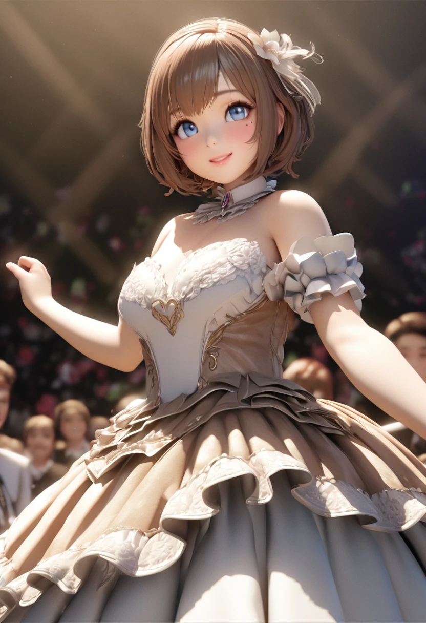 One Girl、Looking at the audience、
Beautiful Blue Eyes、Brown short hair、Mole under the eye、Plump and glossy lips、Heart-shaped choca、Idol、smile、ー、。.。.。.。.。.。.。.。.。.。.。.。.。.。.。.。.。.。.3D、Realistic、
Princess dress with too many frills、Drape clothes、gem、The decoration has been removed、Floral、Lace trim、bright stage、
masterpiece、highest quality、8k、Detailed skin texture、Detailed cloth texture、Beautifully detailed face、Intricate details、Very detailed、
超A high resolution、8K Ultra HD、Film Grain、Best Shadow、delicate、Staring at the audience、front
