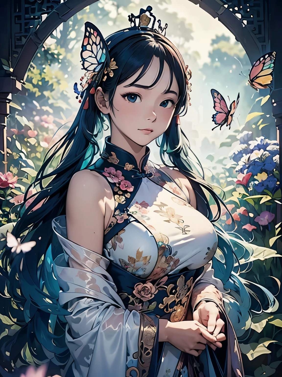 (masterpiece、highest quality、highest quality、Official Art、Beautiful and beautiful:1.2)、(One Girl:1.3)Hatsune Miku、Twin tails,Beautiful breasts,(((masterpiece))), ((Best Quality, Ultra-fine illustrations, Beautiful and delicate water)),Depth of written boundary, Amazing 8K CG wallpaper, ( Delicate Light), ((Cinema Lighting)),(Portraiture),Portrait Lens,(((Alphonse Mucha))),((Fantasy Style)),((Shine)),(((Tarot Cards)))
(Young girl),(((China_China dress))),(Delicate eyelashes),((Cute anime face)),(Very delicate and beautiful),(hair_flower),(gem),(crystallization),((colored inner long hair)),(Multicolor),(Beautifully detailed face ),((( detailed long hair ))),floating long hair,gradient hair,(race),(ribbon),((Crown)),(Detailed cloth)
((butterfly)),(detailed butterfly) ,(Multicolor butterfly),
(neon palette),((detailed flowers)) ,((Multicolor flowers)),(flowers_Surrounded),(butterfly_Surrounded)(((Fill the screenflowerが咲く))),((Fill the screen))
