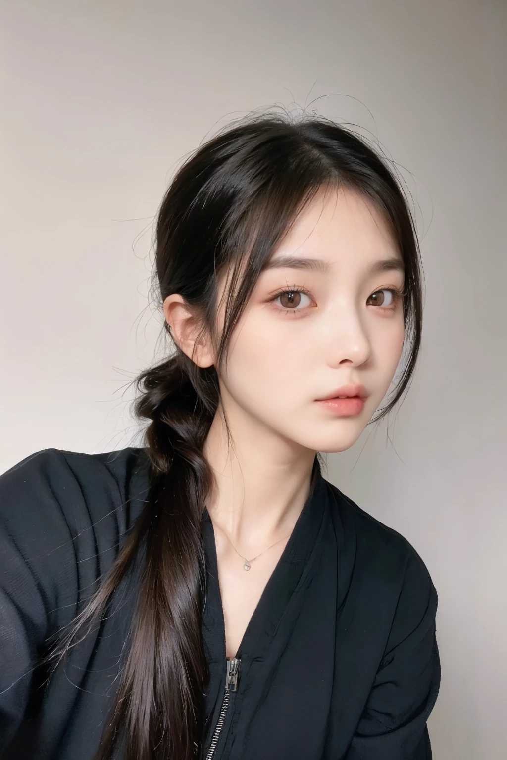 ((best quality, 8K, masterpiece :1.3)), 1 lovely girl with full body, young, cheerful cute face, black hair, hair bundle, oversized boyish outfit, aesthetic selfie, very detailed face, extremely perfect, detailed eyes, double eyelid, moose eyes, Straight nose, long eyelashes, detailed eyelashes, V-shaped face, random pose, aesthetic pose, (random aesthetic background)