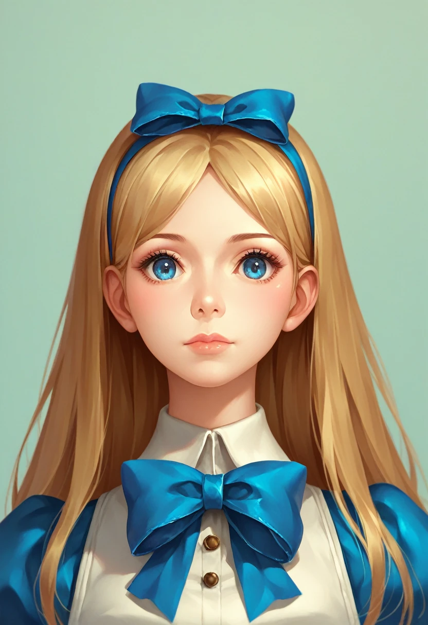 1 girl, Masterpiece, best quality, 8ก, Fine texture, Fine fabric, Beautifully detailed face, complicated details, very detailed, Alice in Wonderland, (bow on her head:1.1), upper body