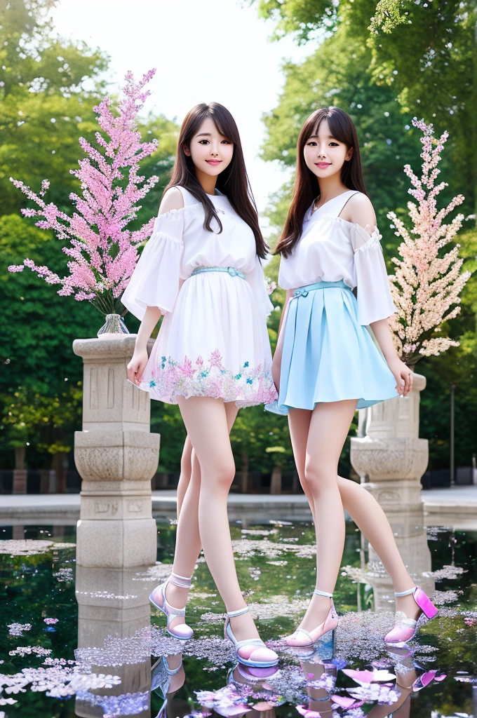 /I cute pretty beautiful gorgeous Korean female college students, crystal tree with crystal leaves and crystal branches, colourful reflections, photo realistic, --ar 9:16 --style raw