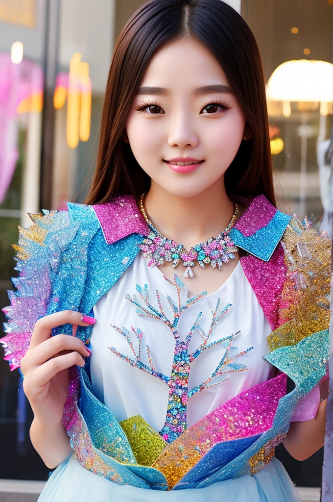 /I cute pretty beautiful gorgeous Korean female college students, crystal tree with crystal leaves and crystal branches, colourful reflections, photo realistic, --ar 9:16 --style raw