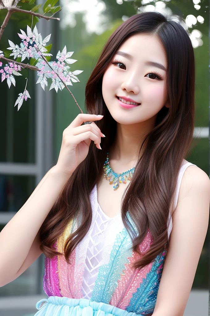 /I cute pretty beautiful gorgeous Korean female college students, crystal tree with crystal leaves and crystal branches, colourful reflections, photo realistic, --ar 9:16 --style raw