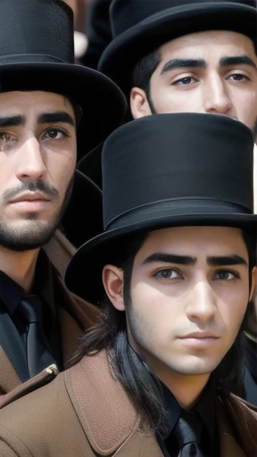 a group of Young  Haredi men  gathered together, focus on the face.