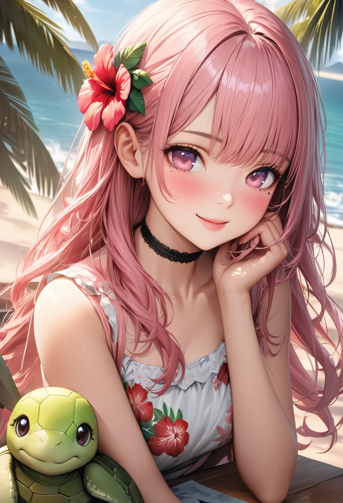 Masterpiece, Best Quality, Highly Detailed, High Definition, High Definition, High Definition, 4k, 8k, Unity 8K Wallpaper, Highly Detailed CG, Masterpiece, Realistic, Beautiful Details, Depth, Fine Texture, Best Quality: 1.3, Total concentration, perfect skin, boyfriend, very cute anime, cute like an idol, tall pink semi-long hair, one girl, Hawaiian dress, cute stuffed rabbit, stuffed sea turtle, palm tree, greeting, hibiscus hair decoration, smile, afternoon, coffeetime,long pink hair, whole body, mole under the eye, gaze, high, blush, lips parted, his art, pink eyes, choker
