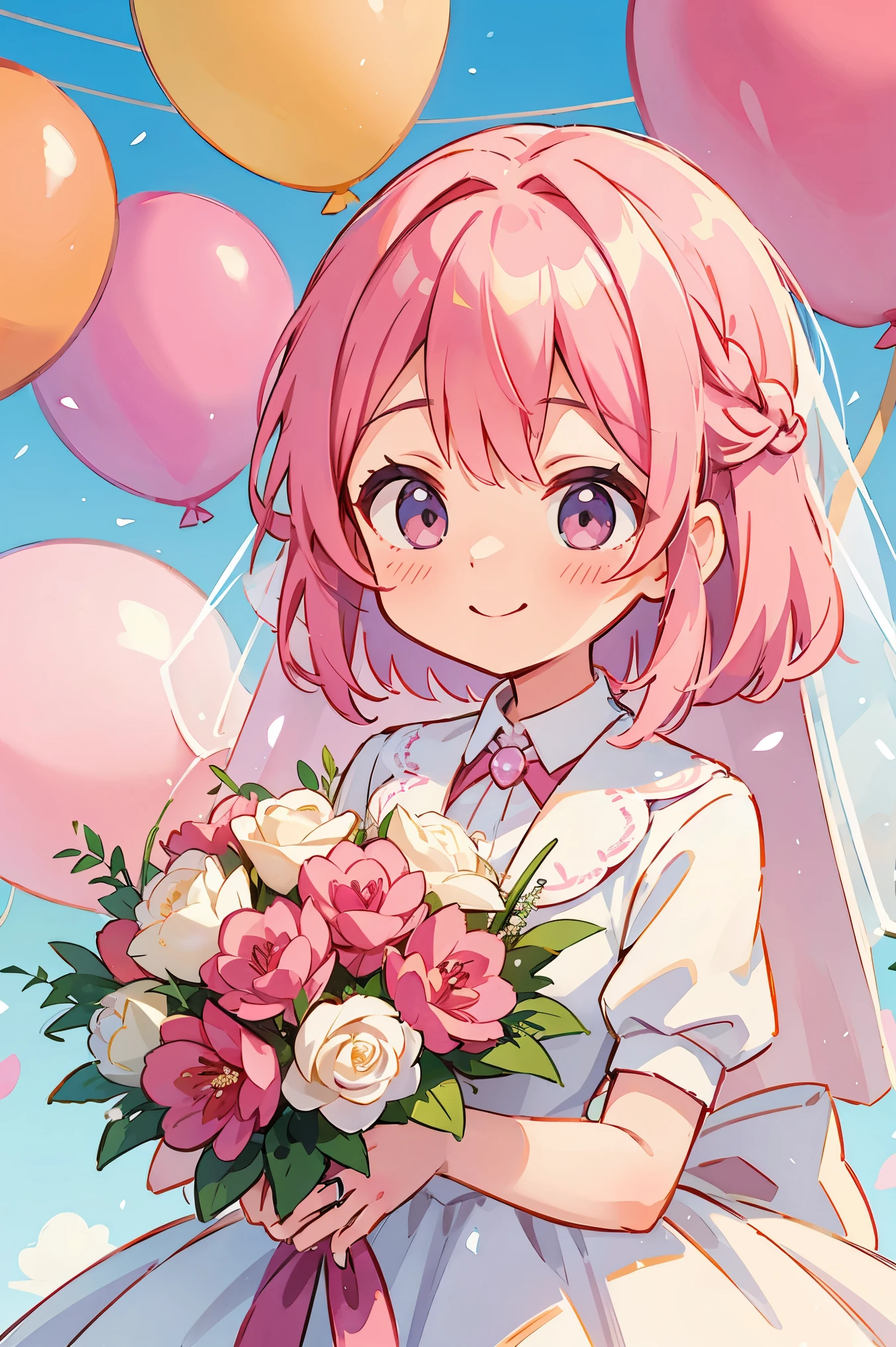 wedding、Balloons on background、bouquet、smile、Pink hair