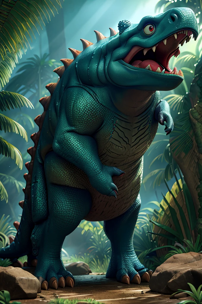 realistic gigantic dinosaur, massive prehistoric monster, huge jurassic creature, roaring ferocious dinosaur, extremely detailed reptilian anatomy, intricate scaly skin texture, powerful jaws and teeth, menacing glowing eyes, dynamic aggressive pose, lush jungle environment, sunlight filtering through dense foliage, vibrant natural colors, cinematic dramatic lighting, photorealistic 8k, hyper detailed, masterpiece