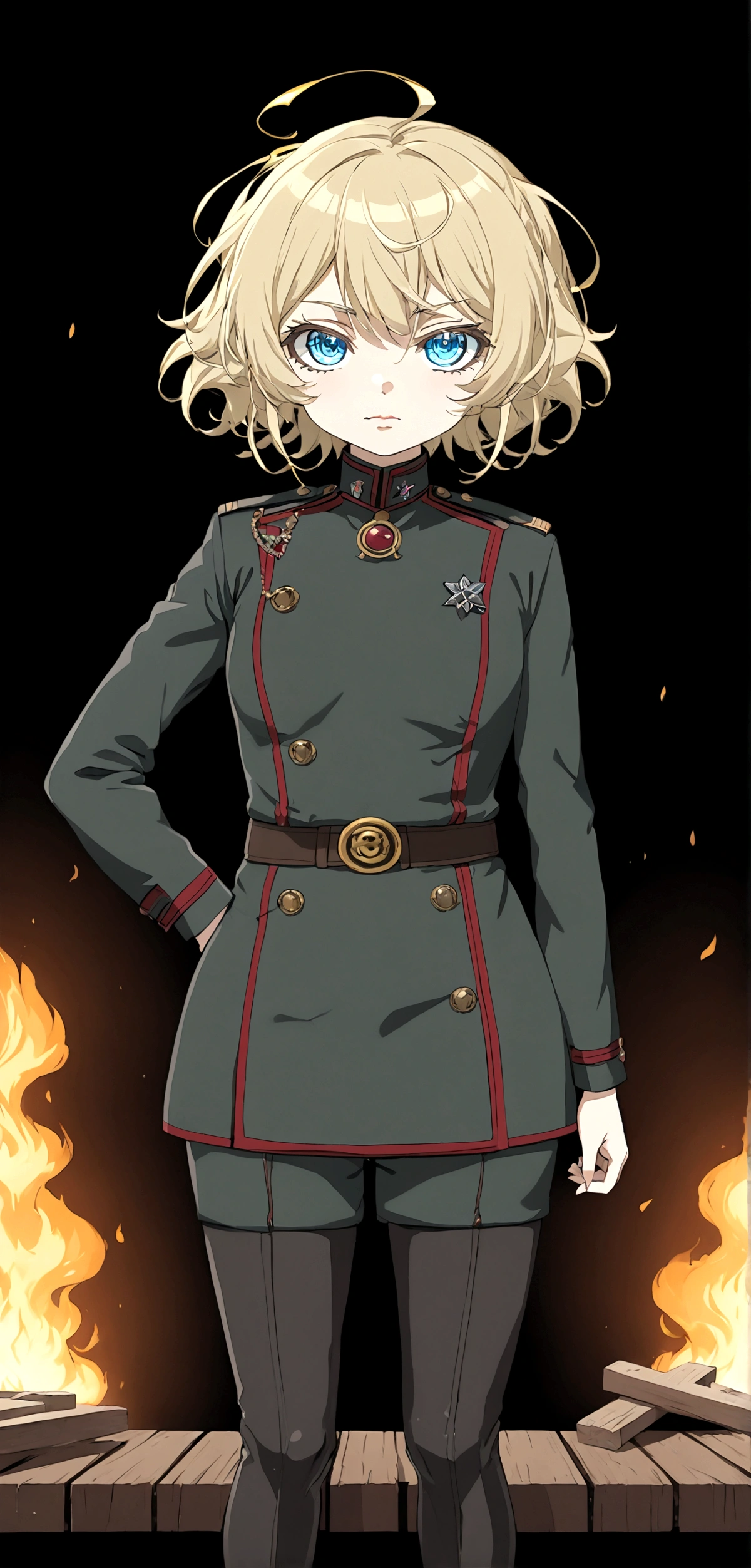 A beautiful anime girl wearing a  military uniform, sit on wood box drink coffee behind warehouse burning in the night, 90 photo color tones, detailed face and eyes, masterpiece, highly detailed, photorealistic, cinematic lighting, dramatic shadows, vibrant colors, intricate details, elegant pose, stoic expression