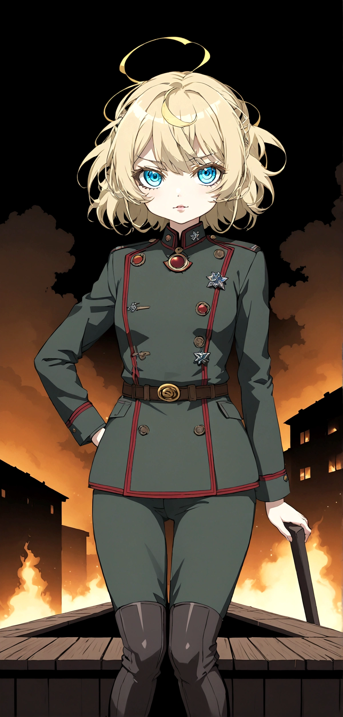 A beautiful anime girl wearing a  military uniform, sit on wood box drink coffee behind warehouse burning in the night, 90 photo color tones, detailed face and eyes, masterpiece, highly detailed, photorealistic, cinematic lighting, dramatic shadows, vibrant colors, intricate details, elegant pose, stoic expression