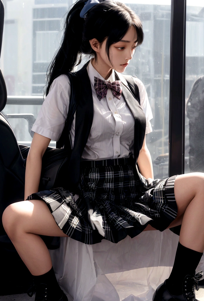 1人of女of子, young School girl, Slim waist, ponytail, rock, Blunt bangs, big_chest, Very detailed eyes and face, 美しい詳細な女of子, Pause, from of side below, 全body_body, Sweat, grabbing own foot, Sitting, figure, Very detailed CG unity 8k wallpaper, (複数ofビュー), Digital SLR photography, Sharp focus, Unreal Engine 5, Octane Rendering, Equatorial offset, フレーム内of, Front light, born, Dynamic Angle, highest quality, masterpiece, Very delicate and beautiful, In detail, Very detailed, (Realistic, photo-Realistic:1.4), wonderful, Absurd, incredibly Absurd, Super detailed, High resolution, Large file size, Purelos Face_v1:0.1 , ((以superior_of_knees_black_shoes下, black_footwear, bow, bowtie, short_sleeve, Plaid, Plaid_skirt, Pleats_skirt, School_uniform, shirt, shoes, skirt, alone, 縞模様of, 縞模様of_bow, 縞模様of_bowtie, white_shirt, School bag)), ((lift superior own skirt, skirt_lifted, lifted_by_Own)), bus, bus bench, a bus with blue seats and windows on of side of it, interior, Dynamic Angle, from of side below, View the viewer, foot_lift, foot_superior, Spread the word_foots, Thigh-high socks, foot_Split, No panties, No underwear, extreme detail ed Pussy, Pussy_juice, 肌of質感 ,NSFW,Big Breasts,Underboob,bra,JK,女子高born,