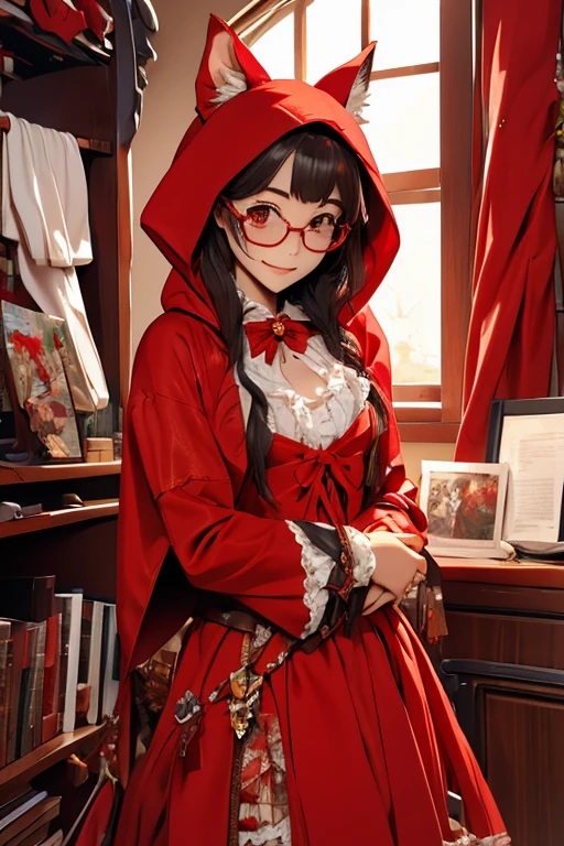 highest quality、masterpiece、High sensitivity、High resolution、detailed、Glasses、Shyly、Fairy tale Little Red Riding Hood、Cosplay