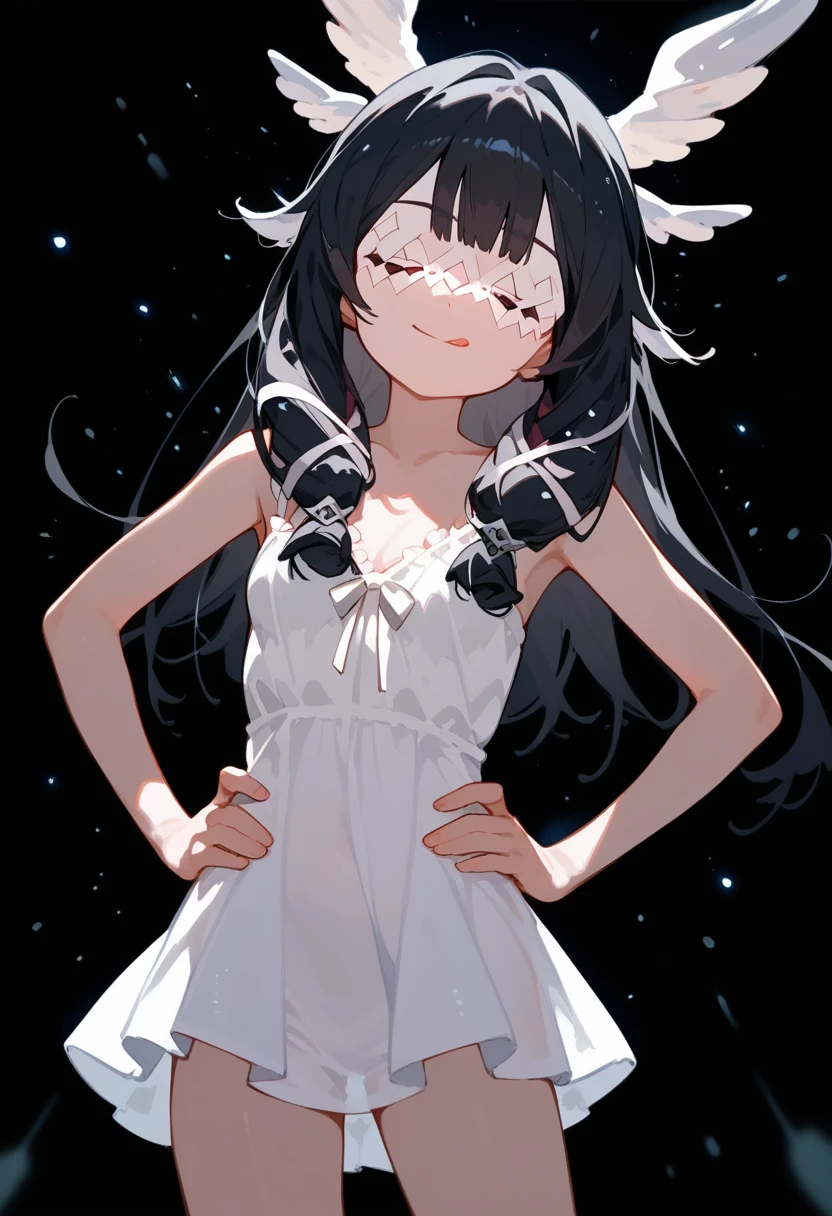 (score_9, score_8_up, score_7_up), source anime, 1girl, columbina, black hair, multicoloured hair, eye mask, head wings, white chemise dress, short dress, small breasts, hands on hips, closed eyes, smile, tongue out, closed mouth, head tilt, black background, light particles, simple background