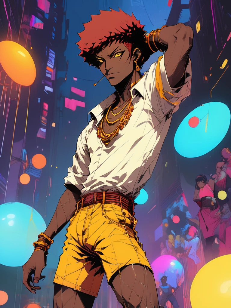 Dark-skinned Gaara em fusão Jim grey very sexy, with afro hair, adorned in perfect 1970s makeup, sparkling shorts paired with a white blouse, vibrant yellow and orange tones dominating the ensemble, colossal earring dangling, set against a dance club backdrop alive with disco balls and vintage energy, analog photography style, rich grain texture, warm color saturation, bokeh lights punctuating the background, late 70s fashion essence