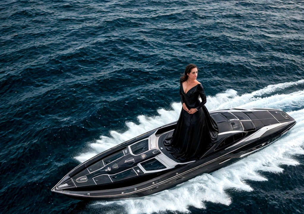 Realistic photography of a woman in black dress standing on front of a luxury speed boat, in the ocean.