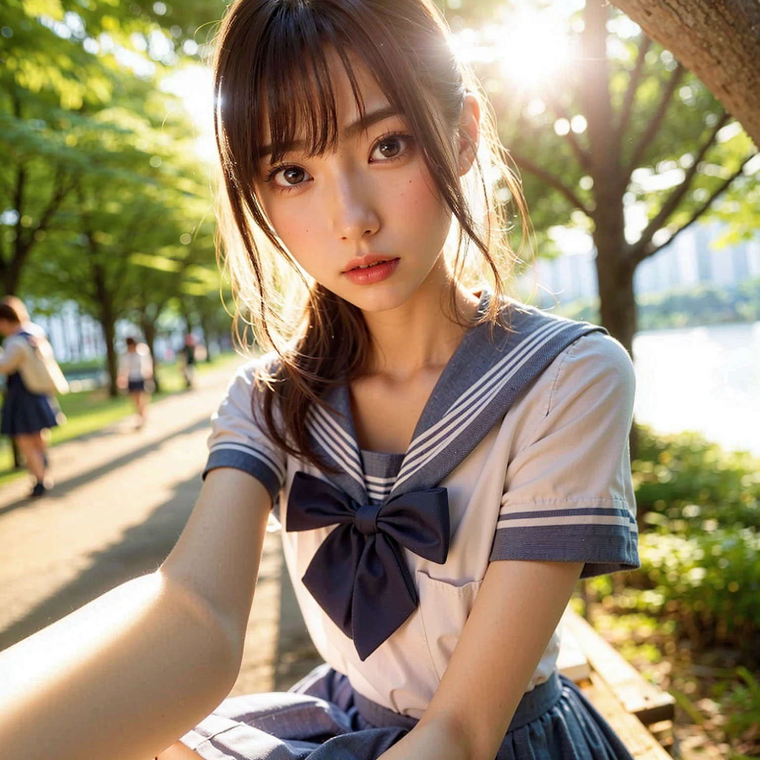 (masterpiece, best quality:1.2), (8k, uhd, ultra high res), professional lighting, (super intricate all details), (super realistic all textures), realistic photo, ultra sharp photo result, superrealism, Lakeside park with sunlight shining through the trees, (school uniform, shirt, skirt), japanese female, 17 years old, , skinny body, flat chest, extremely beautiful face, super detailed face, super real skin, super detailed eyes