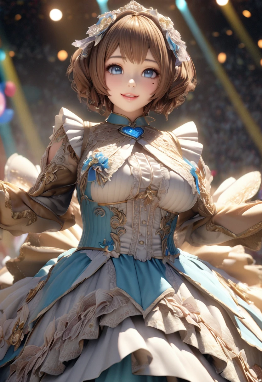 One Girl、Looking at the audience、
Beautiful Blue Eyes、Brown long hair,Plump and glossy lips、Heart-shaped choca、Idol、smile、ー、。.。.。.。.。.。.。.。.。.。.。.。.。.。.。.。.。.。.3d、Realistic、
Princess dress with too many frills、Drape clothes、gem、The decoration has been removed、Floral、Lace trim、Bright Stage、
masterpiece、Highest quality、8K、Detailed skin texture、Detailed cloth texture、Beautifully detailed face、Intricate details、Very detailed、
Ultra-high resolution、8K Ultra HD、Film Grain、Best Shadow、delicate、Gazing at the audience、front