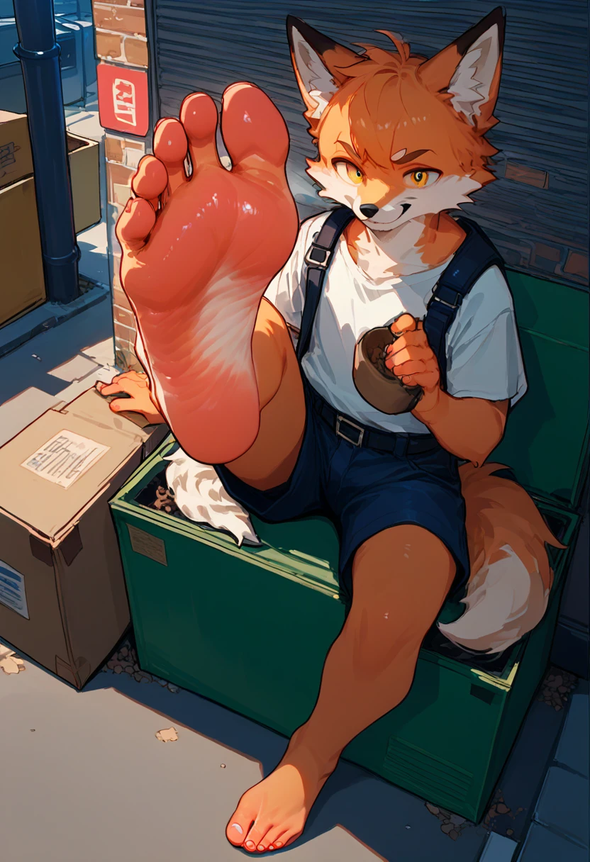 score_9,score_8_up,score_7_up,score_6_up,score_5_up,source_anime,source_furry, hadrian,from above,fisheye, sitting and show foot, sitting and show sole,sitting on one leg, sitting on cardboard box, foot focus,sole,barefoot,no shoes, furry male, fox boy,paw_sloe,sharp_toenails, pawpads, shorts, (stinky feet:1.3), alleyway, dead end, Street art, vibrant, urban, detailed, tag, mural, grafitti, night, (pov, furry, tickling feet, foot play, foot fetish)